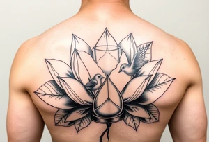 Lotus flower with broken hour glass that turns into birds tattoo idea