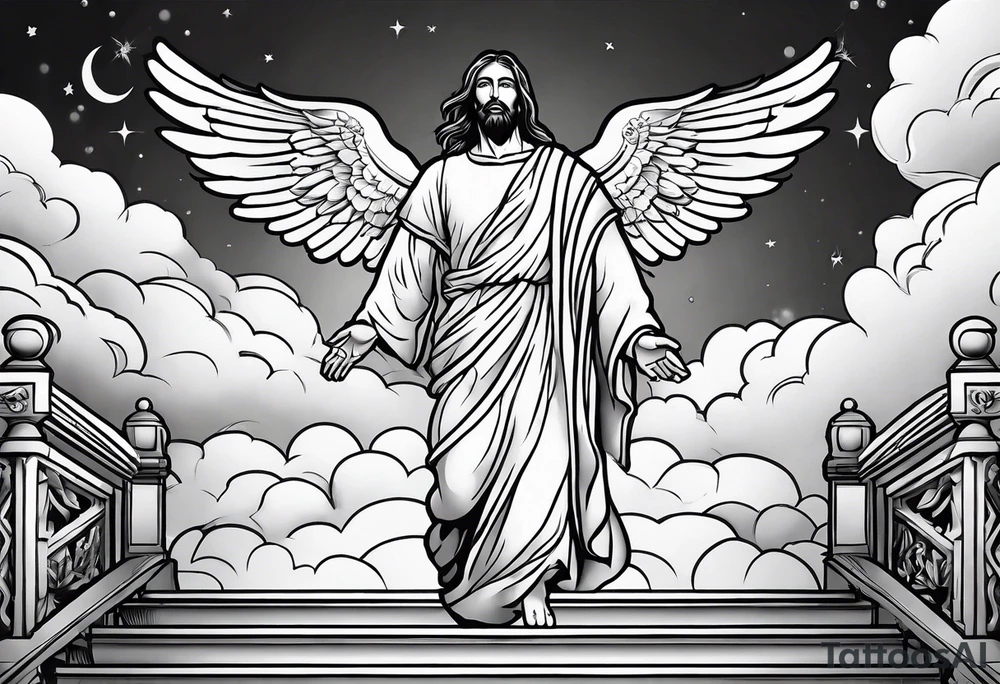 Jesus standing on a flight of stairs with clouds, sunshine and a dove in the background on the upper arm tattoo idea