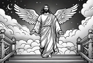 Jesus standing on a flight of stairs with clouds, sunshine and a dove in the background on the upper arm tattoo idea
