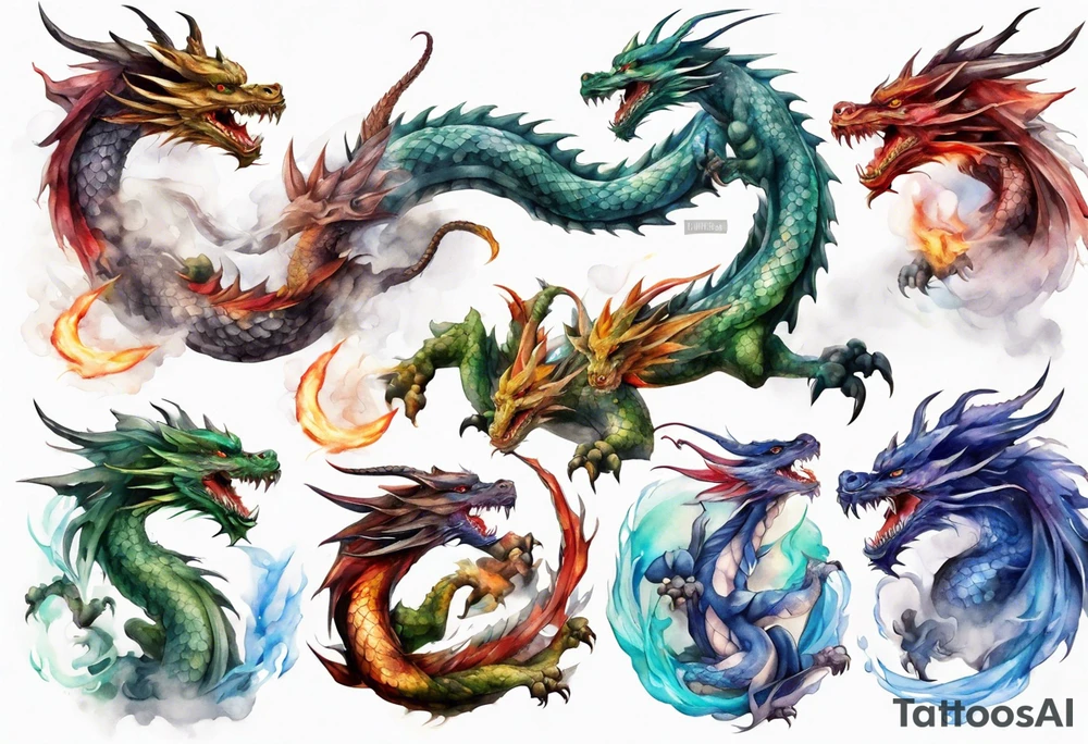 realistic mystic dragons fighting tattoo idea