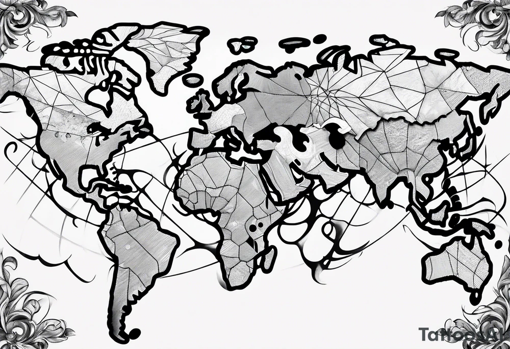 globe shattering with world map tattoo idea