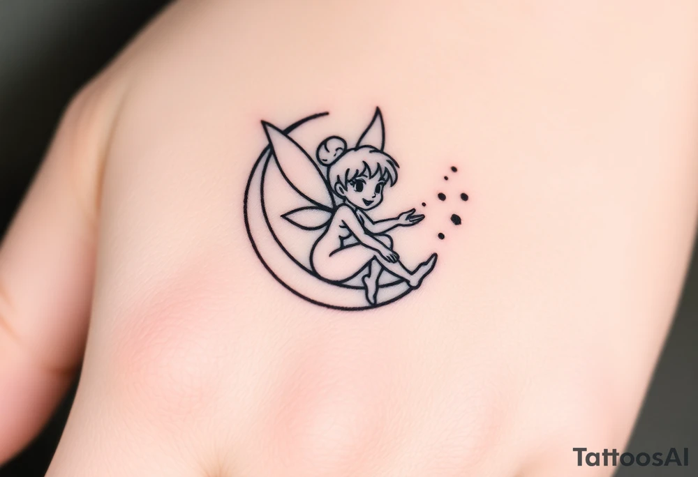 Tinkerbell sitting in a half moon thrown pixie dust tattoo idea