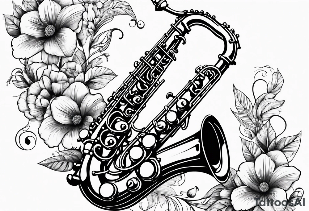 A saxaphone with flowers coming out of the bell (in the appearance of musical notes) tattoo idea