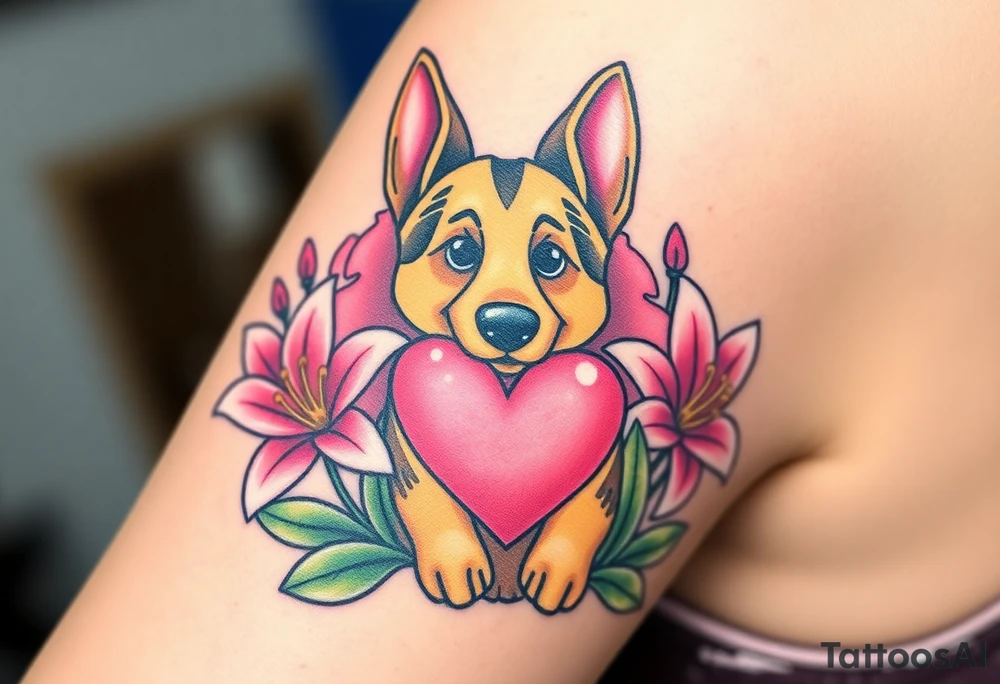 strong short haired german shepherd with alert ears surrounded by pink lilies with large leaves in front of a sacred heart tattoo idea