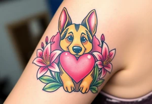 strong short haired german shepherd with alert ears surrounded by pink lilies with large leaves in front of a sacred heart tattoo idea
