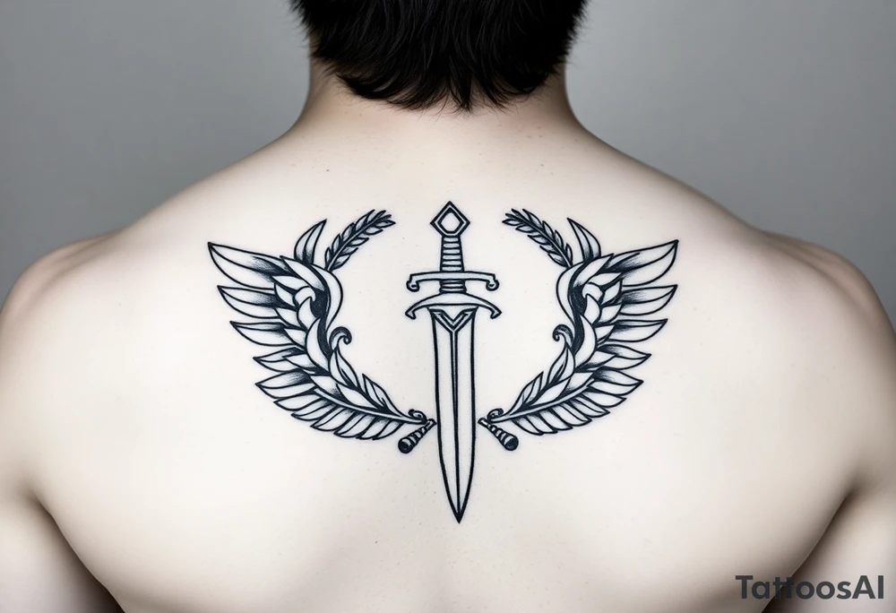 Laurel crown wreath surrounding sword and wings tattoo idea