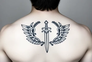 Laurel crown wreath surrounding sword and wings tattoo idea