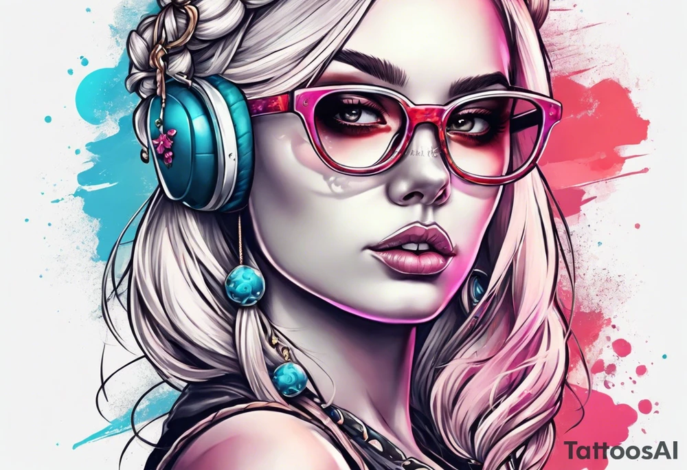 create a feminine skull with two blonde pigtails and crossbones under wearing glasses tattoo idea