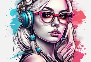 create a feminine skull with two blonde pigtails and crossbones under wearing glasses tattoo idea