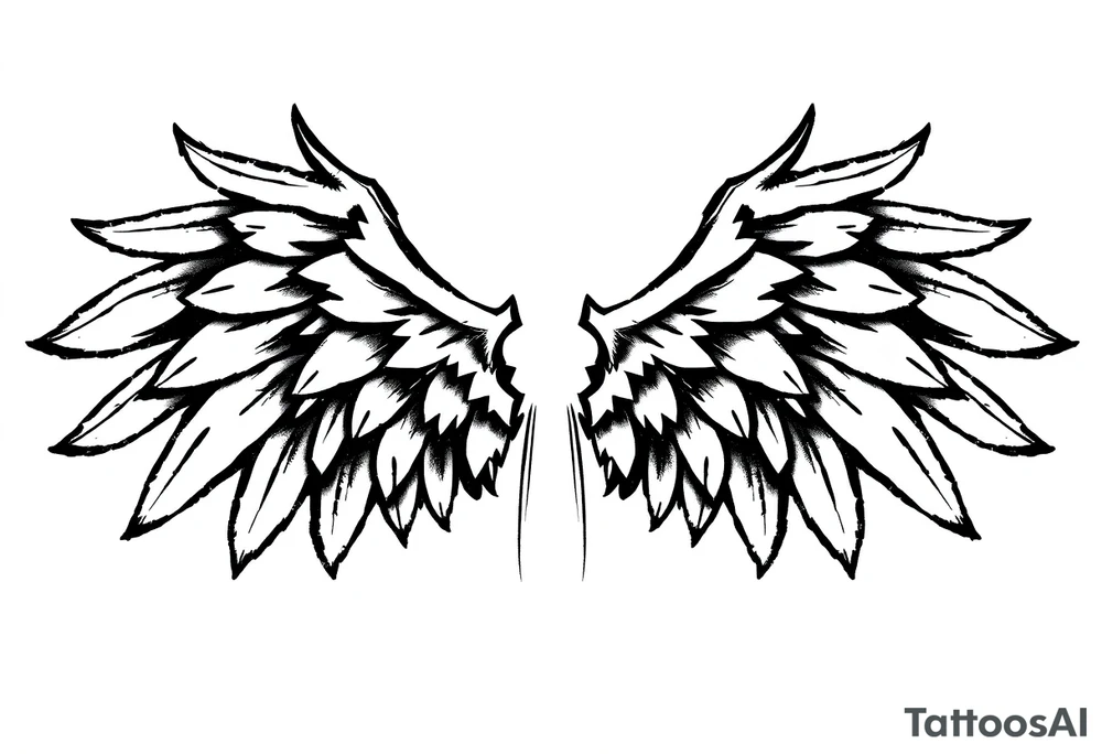 This tattoo design features a pair of stylized wings drawn in black ink with a sketch-like, abstract aesthetic. The wings are composed of sharp, angular feathers with jagged edges, giving them a rough, almost tribal or gothic appearance. The shading is done with a mix of soft gradients and stippling, adding depth and texture to the design. The center where the wings meet is fragmented, with thin lines extending downward, creating a sense of movement and raw energy. This design would make for a bold and edgy tattoo, symbolizing freedom, strength, or a rebellious spirit. tattoo idea