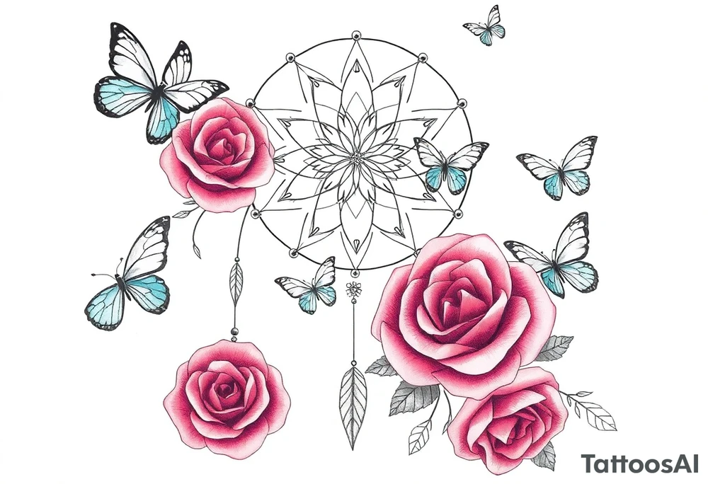 Beautiful Dreamcatcher roses and butterflies tattoo idea