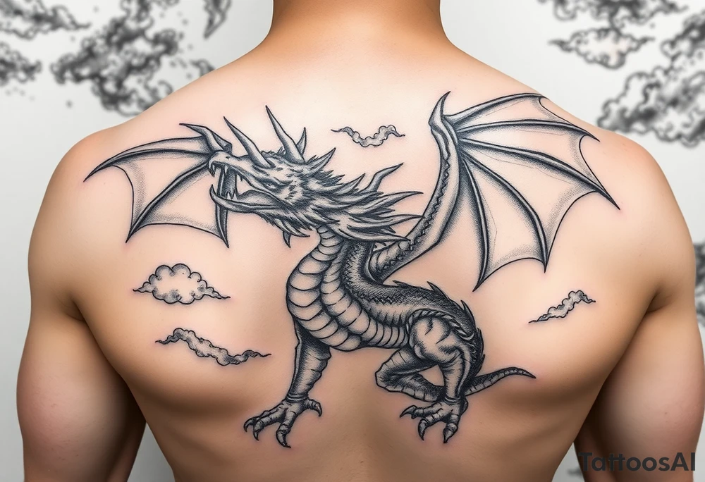 fierce dragon breathing iridescent fire against stormy skies tattoo idea