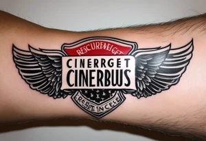 tattoo on a wrist saying "resurget cineribus". no other design except for the words. use the font from the Detroit Red Wings written logo. Flip "cineribus" upside down. tattoo idea