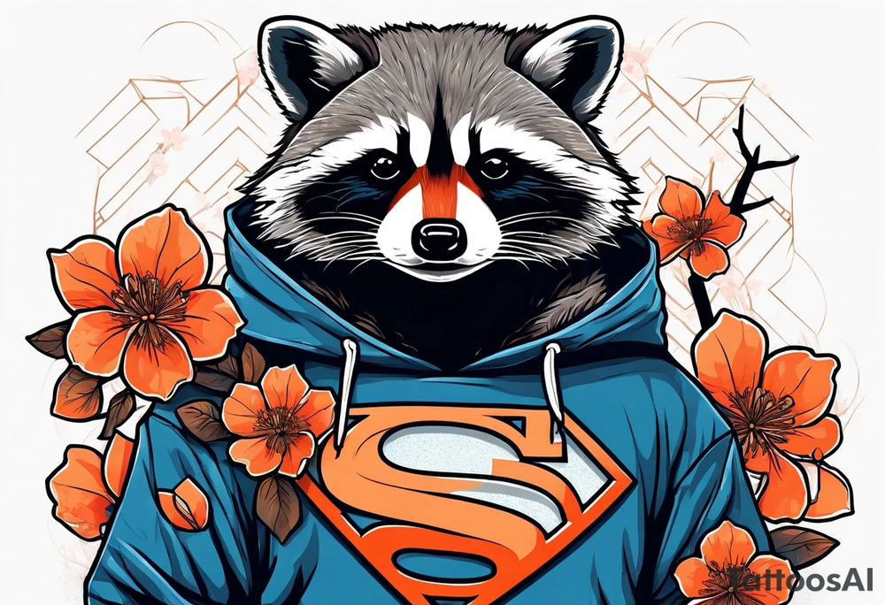 raccoon wearing a Superman hoodie with orange Japanese cherry blossoms tattoo idea