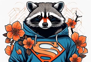 raccoon wearing a Superman hoodie with orange Japanese cherry blossoms tattoo idea