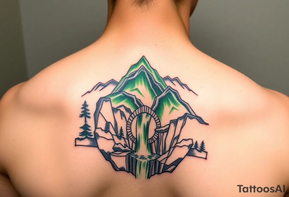 သား  surrounded by a colorful green mountainside with a waterfall tattoo idea