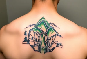သား  surrounded by a colorful green mountainside with a waterfall tattoo idea