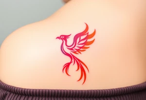 Phoenix rising from the ashes with the colors red, pink, orange and purple. Size 3 cm wide and 5 cm high tattoo idea