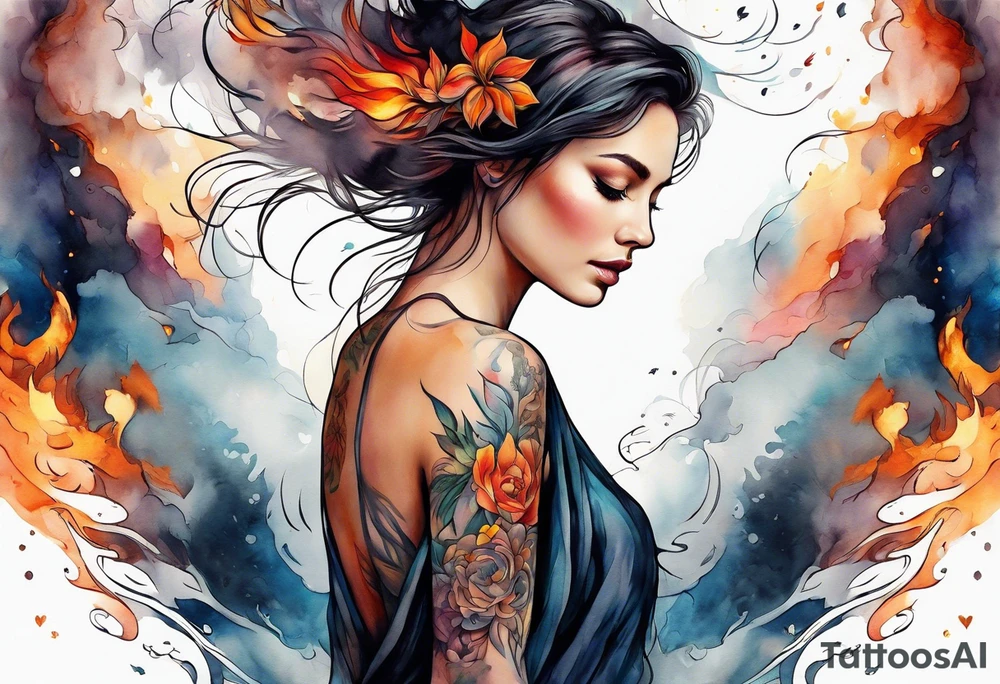 Resurrection strength and courage Beautiful Woman walking through fire and chaos to inner peace and self-love  ethereal tattoo idea