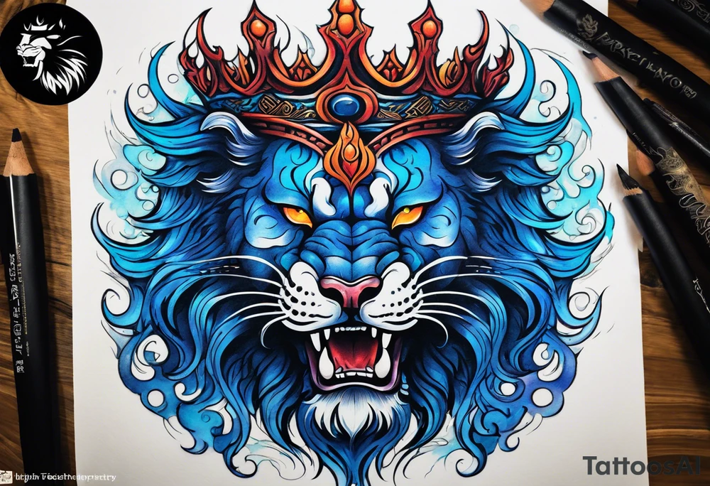a demonic face with blue flames as majestic crown, deep set glowing galaxy styled eyes, skull faced with slightly open mouth and slight sliver of fangs. he is a royal blood like archangel, instead of hair, he has lion's styled mane of flames and braids of koru style. tattoo idea