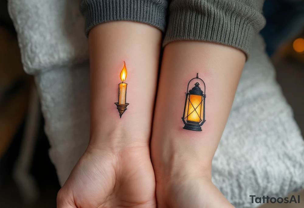 One wears a candle burning in golden flame, and the other a glowing lantern in warm yellow, showing they light each other’s path. tattoo idea