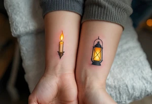 One wears a candle burning in golden flame, and the other a glowing lantern in warm yellow, showing they light each other’s path. tattoo idea