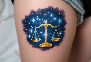 The Libra stars constellation in white ink glows across a midnight-blue background, hovering above golden weighing scales. tattoo idea