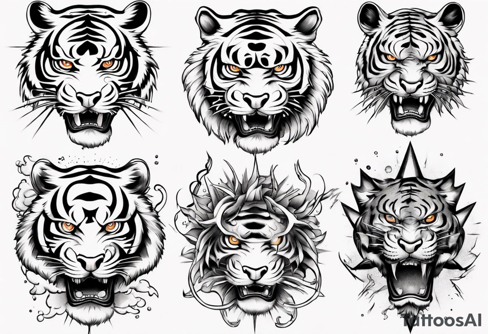 Tiger sleeve tattoo with lightning and the sun tattoo idea