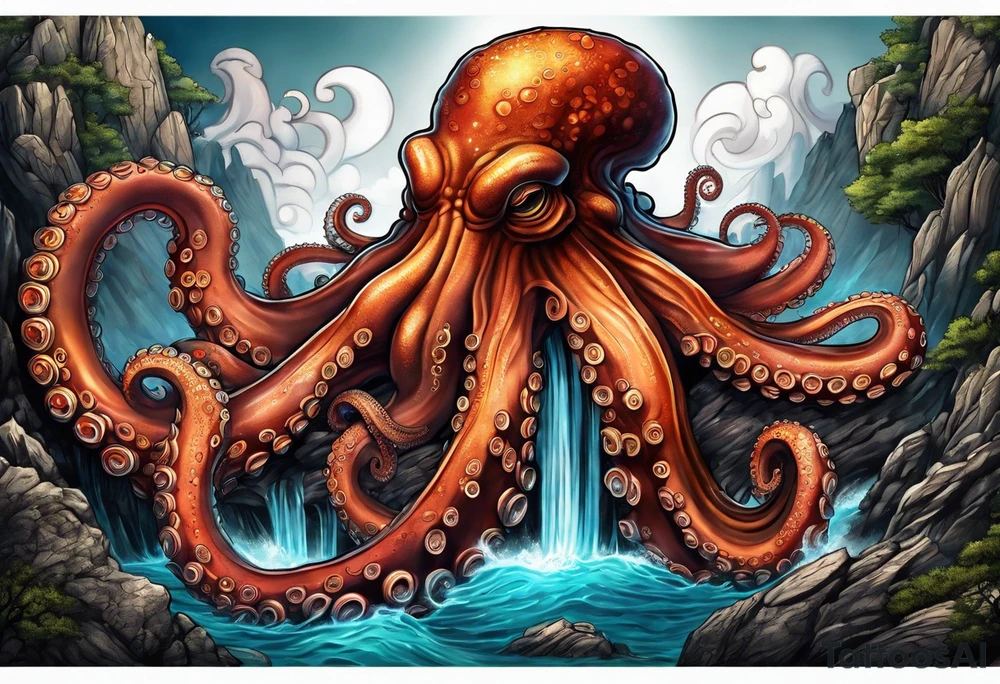 Octopus volcano bridge tattoo idea