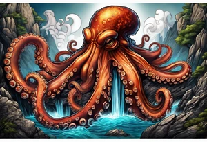 Octopus volcano bridge tattoo idea