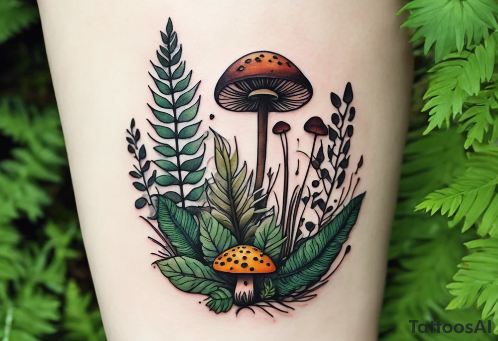forest floor inspired minimalist tattoo, which includes grass, curly ferns, moss and dead leaves as the bulk of the tattoo. details to include: forest berries, a tiny bumblebee flying nearby, three small brown mushrooms
Generate a vertically long one tattoo idea
