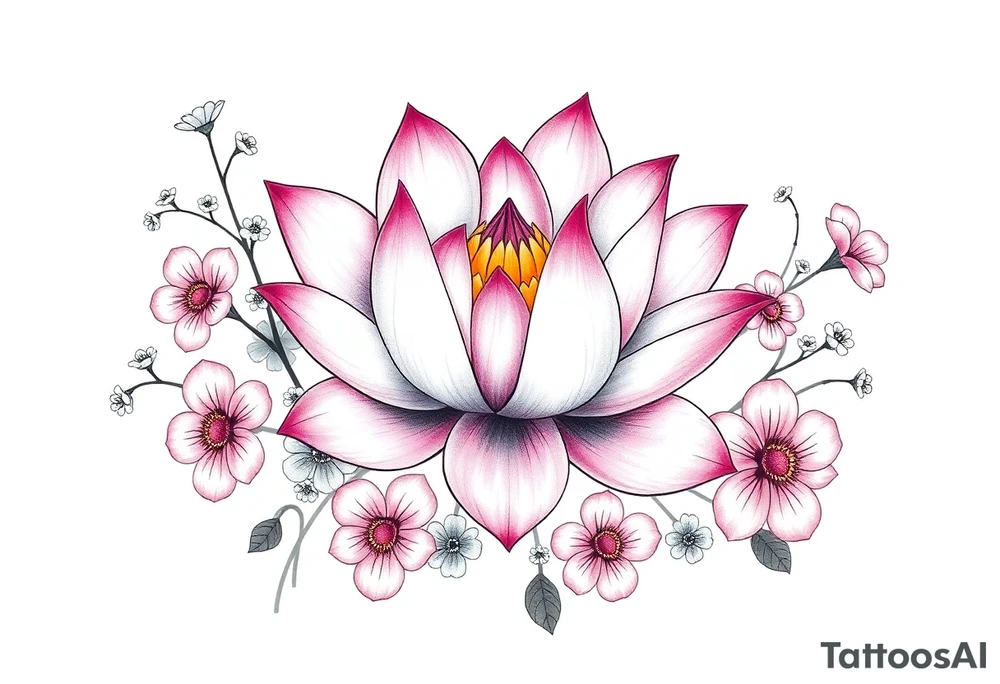 Lotus flower surrounded by forget me nots and peonies tattoo idea