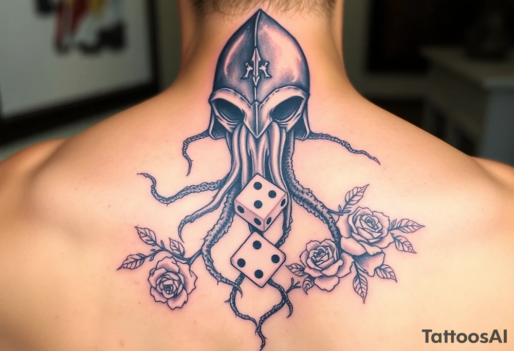 squid knight helmet combined with tree roots, cherry blossoms and roses rolling dice tattoo idea