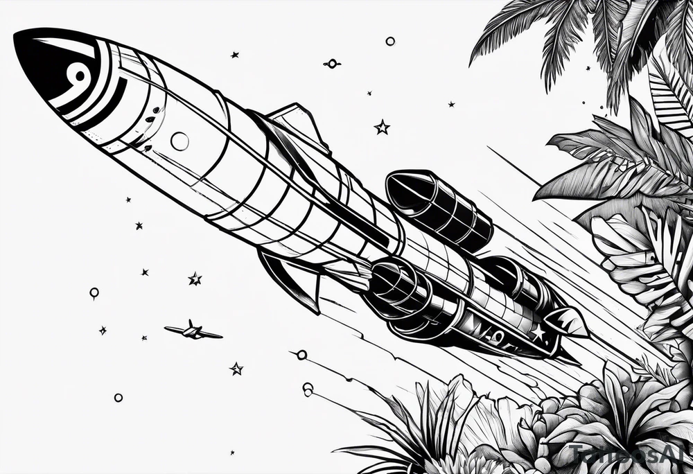 a rocket in middle of jungle line art tattoo idea