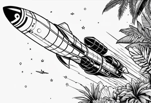a rocket in middle of jungle line art tattoo idea