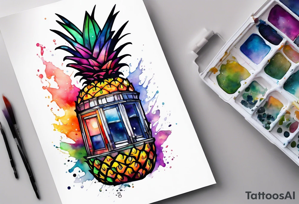 Broken glass watercolour tattoo, pineapple stag, Amsterdam, Amsterdam buildings, Amsterdam canal, space colours, galaxy colours, pineapples tattoo idea