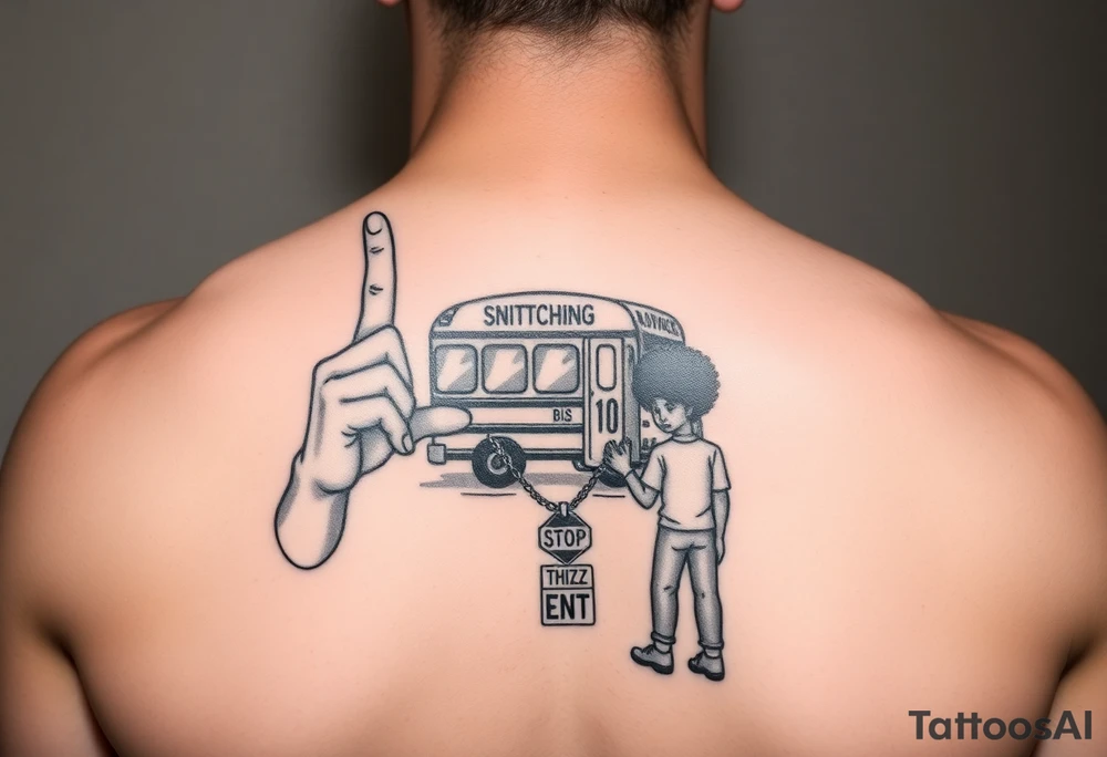 an african american with an afro making a T with his hands standing in front of a short bus stopped at a stop sign that says STOP SNITCHING on it with a chain around his neck that has a pendent that says THIZZ and below that ENT tattoo idea