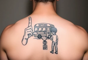 an african american with an afro making a T with his hands standing in front of a short bus stopped at a stop sign that says STOP SNITCHING on it with a chain around his neck that has a pendent that says THIZZ and below that ENT tattoo idea