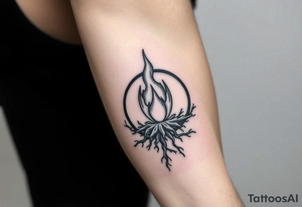 a round flame imprisoned in a roots circle tattoo idea