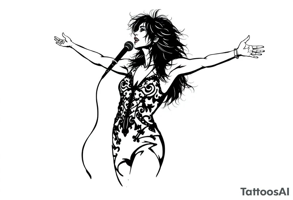 A silhouette stencil style drawing of Stevie nicks with her arms out as if she is spinning tattoo idea