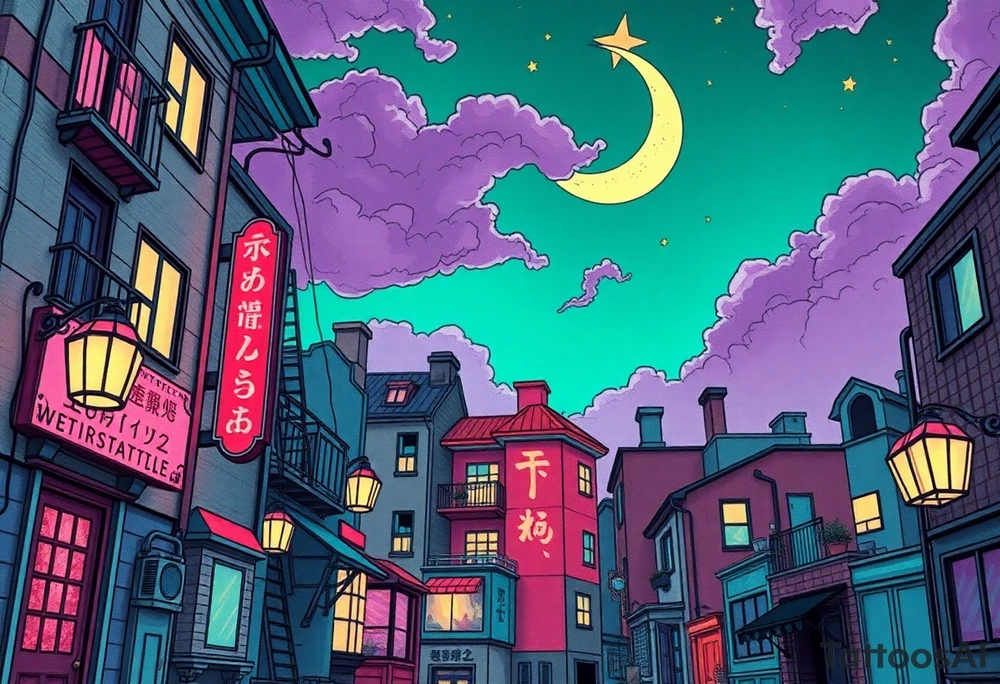 Tim Burton’s haunted pastel Tokyo apartment from the street view is littered in neon signs and dripping with muted reds, dusty pinks, and eerie green glow.purple and cyan smokey clouds swirl in the crescent moonlit sky thats sprinkled with stars tattoo idea tattoo idea