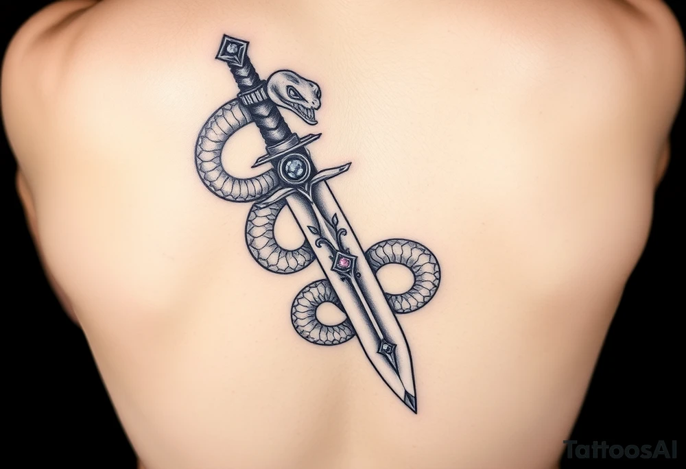 mystical snake coiled around an ancient dagger with jeweled hilt tattoo idea