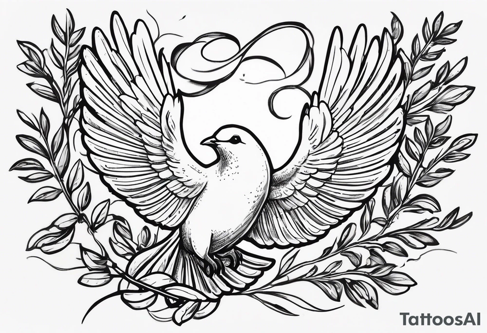 Dove soring through the air clasping an olive branch in its talons. The olive branch is fluttering in the wind with leaves from the branch floating behind the dove. The leaves transform into spear heads the further away from the dove they get. The words 'Si vis Pacem, para bellum' is boldly transcribed underneath the scene tattoo idea