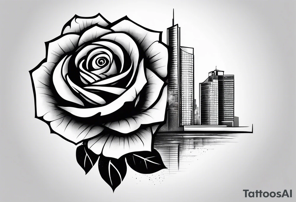 Rose growing from concrete with a 6 floor building in the background with 1570 address tattoo idea