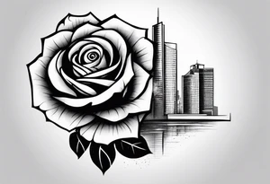 Rose growing from concrete with a 6 floor building in the background with 1570 address tattoo idea