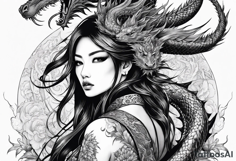 large warrior nymph with dragon tattoo idea