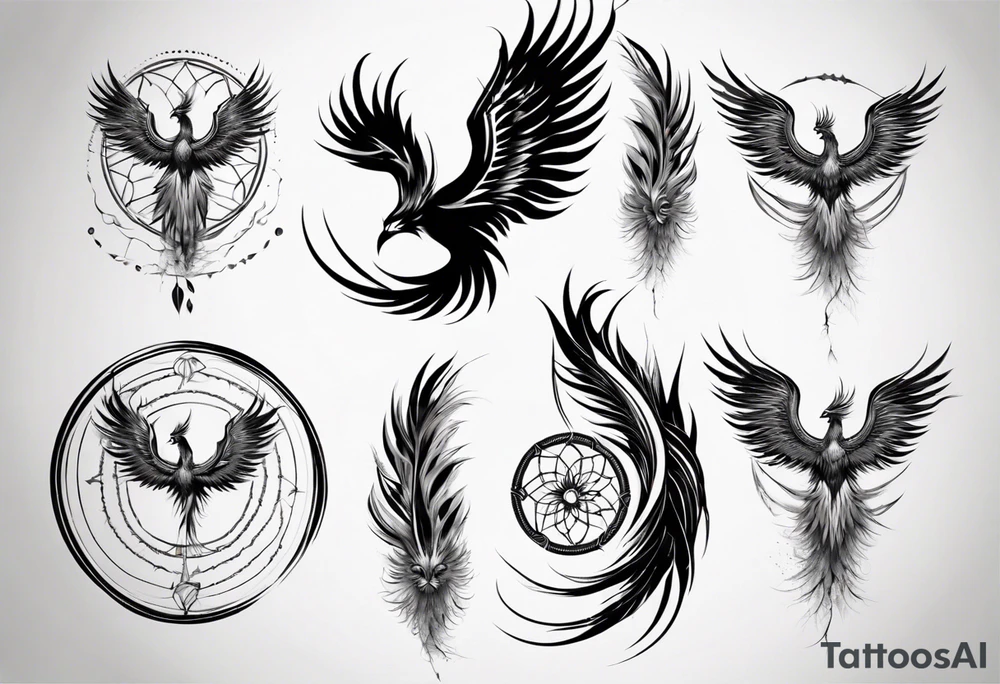 Vertical angry flying Phoenix with wings blending into circles and a long abstract dream catcher feather tail tattoo idea