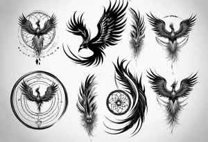 Vertical angry flying Phoenix with wings blending into circles and a long abstract dream catcher feather tail tattoo idea