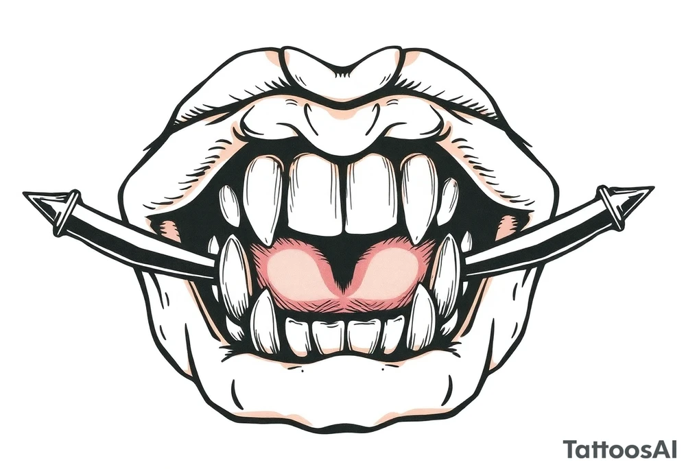 A set of lips snarling with 50cal round between teeth tattoo idea