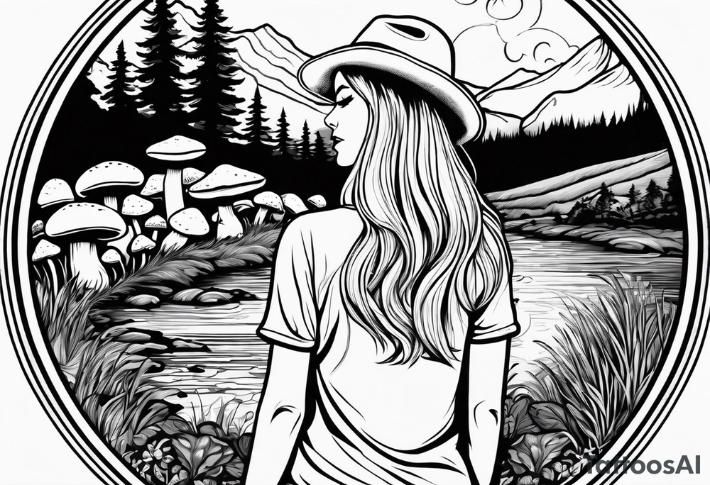 Whole picture within a circle Straight long blonde hair hippie girl in distance holding mushrooms in hand facing away toward mountains and creek surrounded by mushrooms tee shirt hiking pants hiking boots tattoo idea